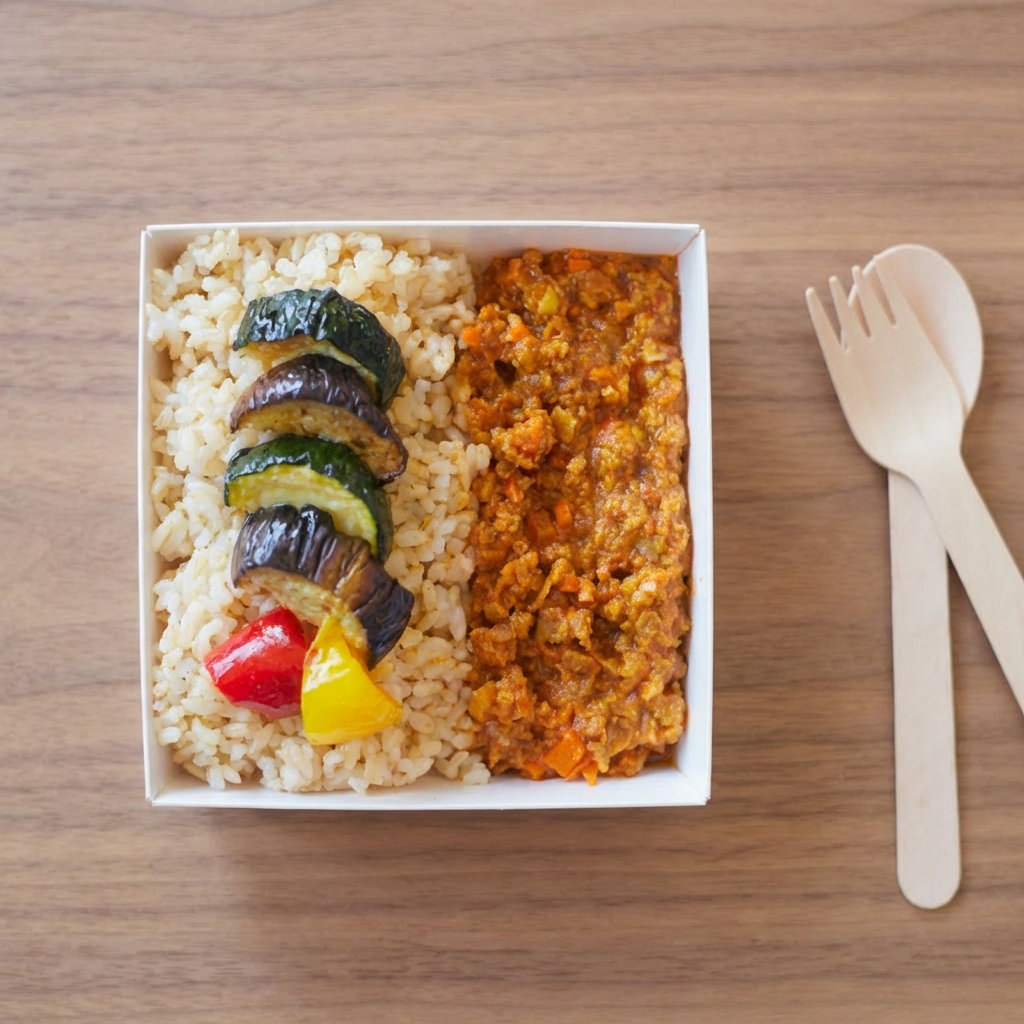 大豆ミートのキーマカレーと玄米